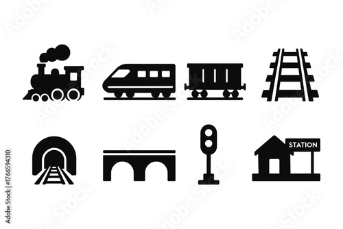 Train and railway silhouettes set: locomotive, carriage, tracks, and station icons