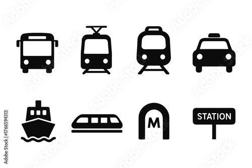 Transport icons set: bus, train, taxi, ship, metro, more in bold silhouette style
