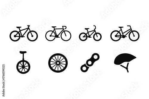Bicycle icons set featuring helmets, chains, and wheels in black silhouette