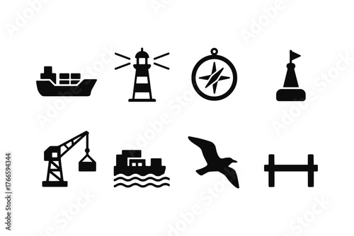 Nautical icons set featuring ships, lighthouse, compass, and crane in silhouette style