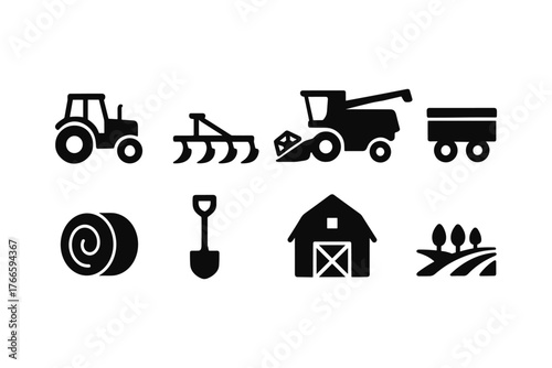 Classic farm equipment icons set in minimalist silhouette style