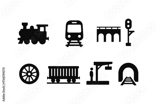 Transportation icons set featuring train, tunnel, and railway symbols in solid style