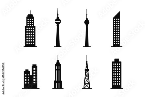 Collection of city skyline silhouettes featuring iconic towers and modern skyscrapers