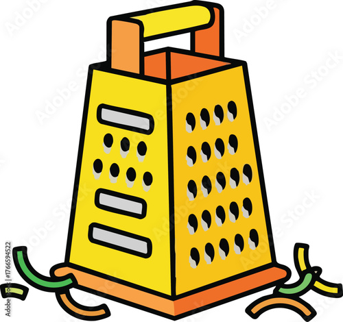 Yellow box grater with orange and green shreds on white background kitchen tool