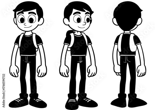 Cartoon character poses in front side and back views with backpack straps on