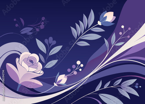 Elegant floral design with rose and buds in shades of purple and blue colors