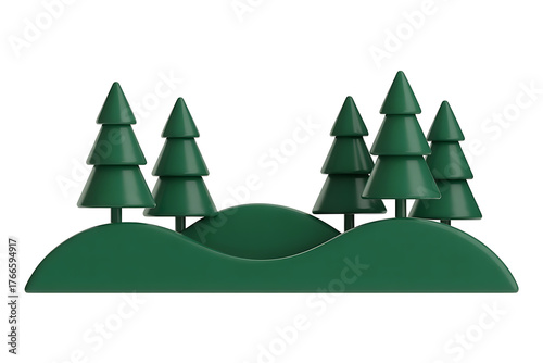 Evergreen trees stand proudly against a green hillside, evoking a serene, natural landscape.