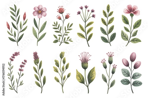 Collection of delicate watercolor botanical illustrations