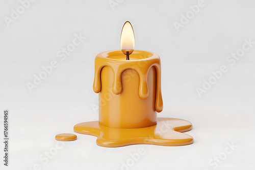 Burning candle emits warm light, dripping wax forming a puddle on a white surface.