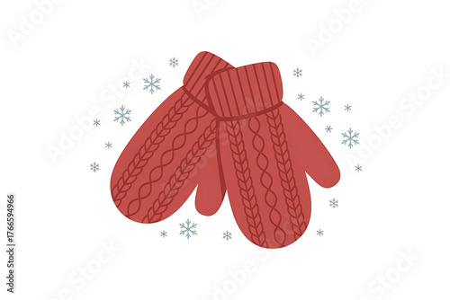 Cozy red knitted mittens against a snowy backdrop, evoking warmth and winter comfort.