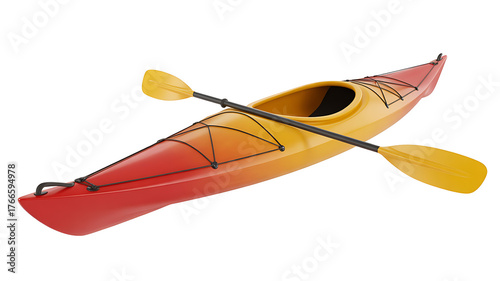 Colorful kayak with paddle rests against a white background, ready for water adventure.