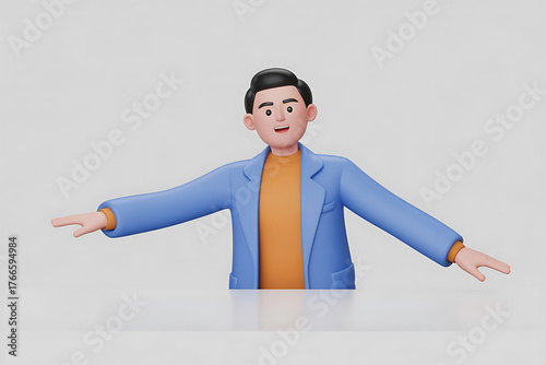 Friendly figure in blue jacket and orange shirt welcomes with open arms, conveying warmth.