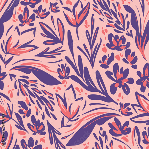 Playful hand-painted floral and leaf pattern in coral pink and violet hues on a light blush backdrop. free-flowing brushwork and layered petals bring a lively, contemporary aesthetic.