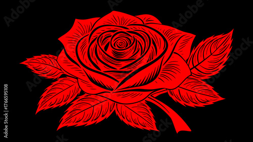 Red Rose Illustration with Detailed Petals on Black Background