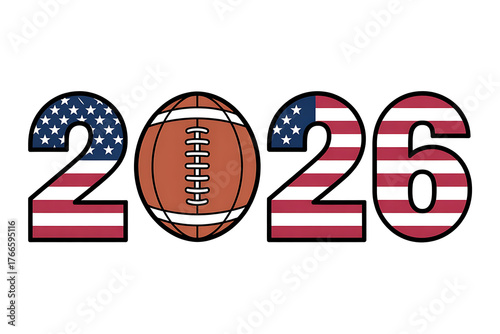 Bold numbers adorned with American flag patterns and a football, representing a sporting event year.