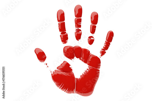Bold red handprint on white background, symbolizing action, protest, or a powerful statement.