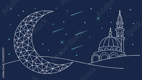 Beautiful abstract digital representation of crescent moon and mosque starry night sky, evoking sense of peace