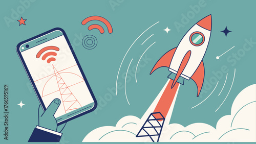 Digital illustration of rocket launching from smartphone, symbolizing innovation and technology. scene features vibrant colors