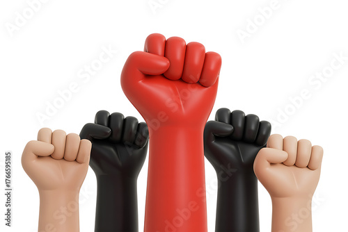 Three raised fists in red and black, representing solidarity, strength, and collective action.