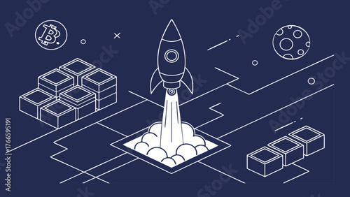 Abstract digital rocket launch over linked blocks symbolizes innovation and technology in cryptocurrency