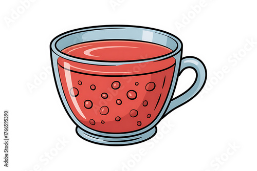 A vibrant red beverage sits inside a clear glass cup, possibly herbal tea, with bubbles.