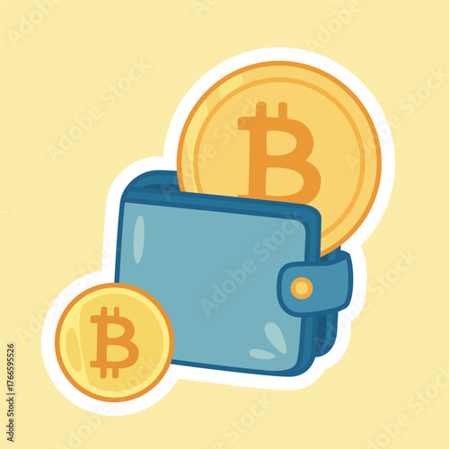 Bitcoin Wallet Sticker with Large and Small BTC Coins. Isolated Vector Illustration