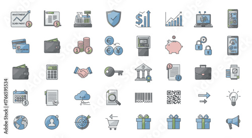 A comprehensive collection of business and finance-related icons, presented in a grid format.