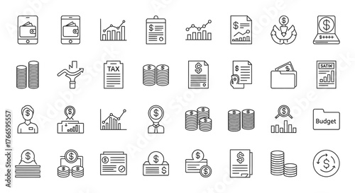Collection of financial and business icons in outline style.