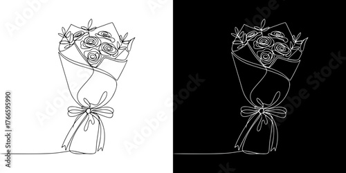 Isolated line art style bouquet, metaphor gift for your beloved and only one, two design options on transparent and black background, Valentine's Day

