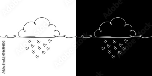 Isolated vector image in line art style of cloud raining hearts, metaphor drown in love, two design options on transparent and black background, Valentine's Day
