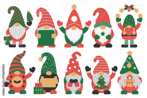 A collection of ten christmas gnomes with various holiday themed decorations
