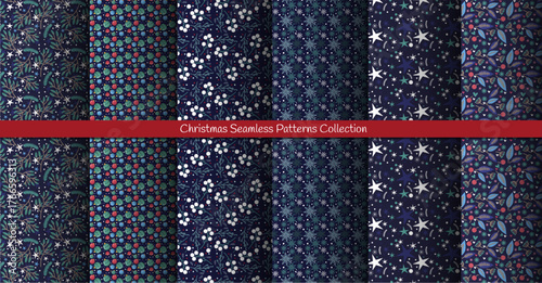 Winter Seamless Vector Collection of  Floral Patterns with Green Branches, Leaves and Stars on a dark Blue Background.	