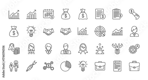 A comprehensive set of thin line icons representing business, finance, strategy, and success on a white background.