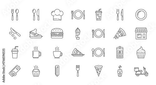 A collection of black outline icons representing food, dining, cooking, and delivery services arranged in a grid.