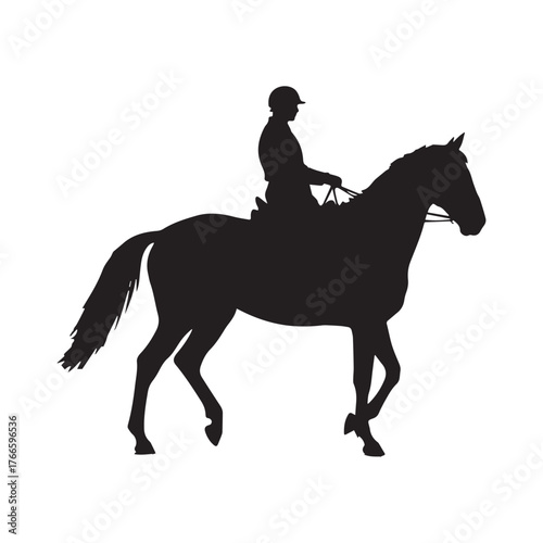 A black silhouette horseback rider set Silhouette On white Background.