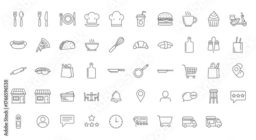 A collection of line art icons representing various food and restaurant-related items, including cutlery, food, drinks, kitchenware, and service elements.