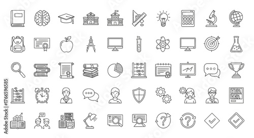 A comprehensive collection of educational and learning icons, presented in a clean, line-art style on a white background.
