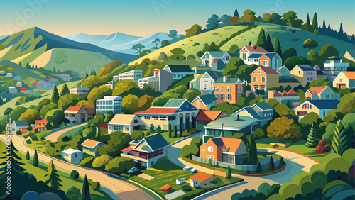 Very beautiful, aerial view of residential neighborhood with scattered houses built on hill slopes, Mill Valley, North San Francisco Bay Area, California, lush greenery, winding roads, serene hills, 