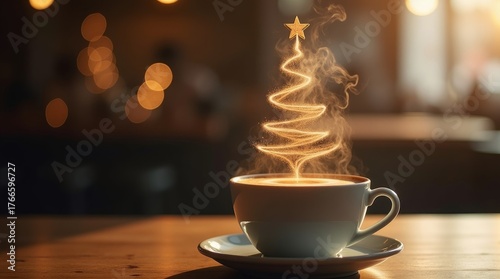 Christmas tree made of steaming coffee on coffee shop background. Christmas or New Year celebration concept. Copy space. AI generated