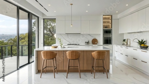 Wallpaper Mural Modern white luxury kitchen featuring sleek island countertop, minimalist cabinetry, elegant contemporary home interior design con Torontodigital.ca