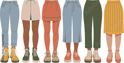 Fashionable Lower Body Outfits Stylish Skirts, Trousers, Jeans and Shoes Fashion Illustration