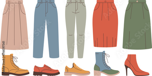 Fashionable Skirts, Pants, and Shoes in Earthy Tones A Stylish Wardrobe Collection Displayed