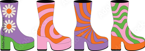 Four Pairs of Platform Boots with Retro 70s Style Designs in Colorful Patterns