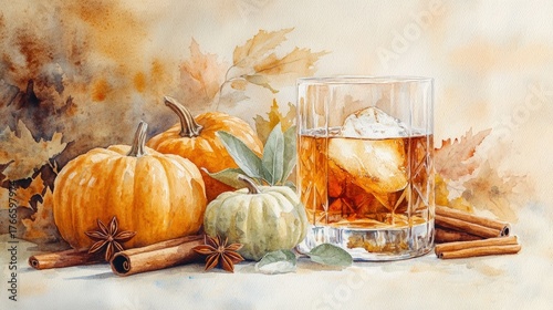 Fototapeta Naklejka Na Ścianę i Meble -  A cozy autumn scene featuring a glass of whiskey with ice, surrounded by pumpkins, cinnamon sticks, and fall leaves.