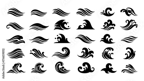 Black Ocean Wave Icon Set – Minimalist Silhouette Water Symbols