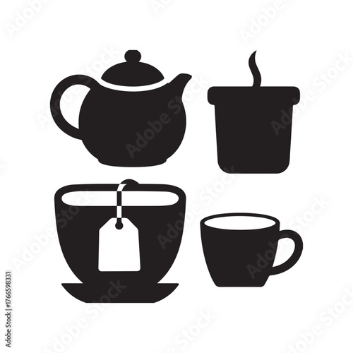 Black and white icons for tea and beverages with tea bag teapot cup drink Silhouette On white Background. 