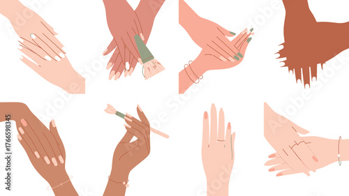 Hands of Diverse Skin Tones with Various Nail Polish Colors and Hand Jewelry Posed