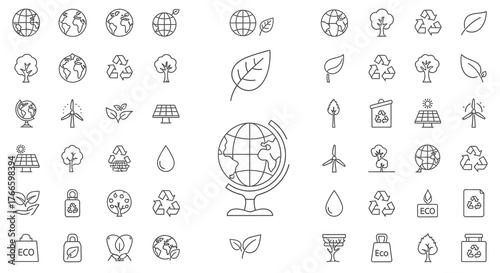 Collection of environmental and ecological icons in outline style.