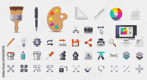 Collection of graphic design icons, including tools and symbols for creative work.