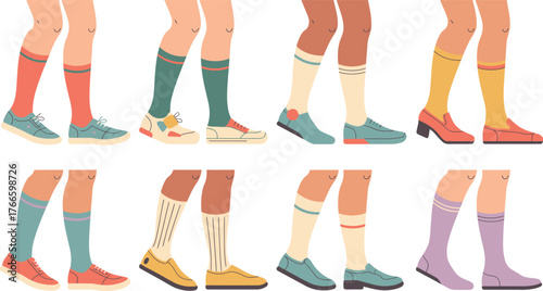 Illustrated Legs Wearing KneeHigh Socks with Various Shoes, Colorful Footwear Collection